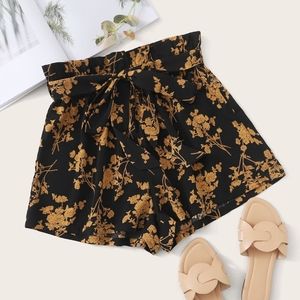 Black Boho Floral Print Belted Waist Paperbag Shorts NWOT